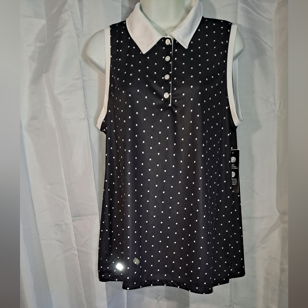 Zeros womens sleeveless pullover shirt size XL black, white polka-dots 4 buttons
